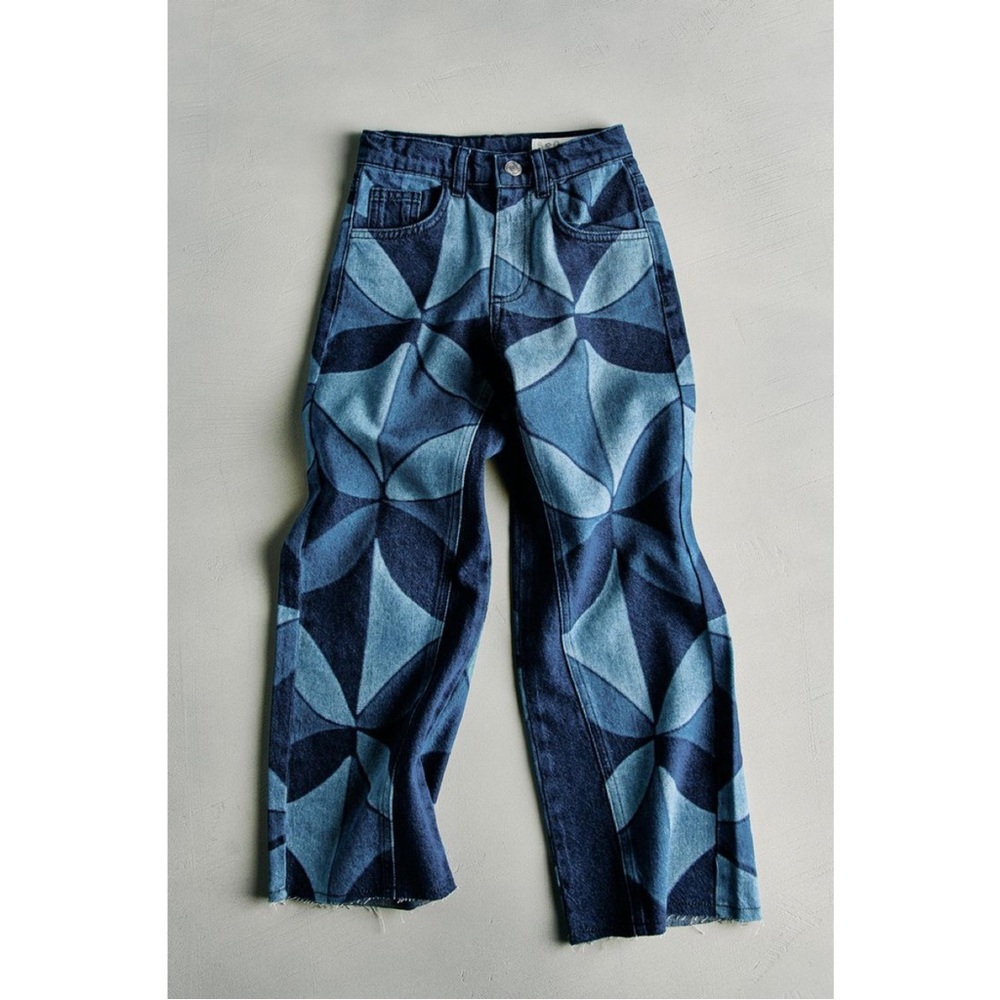 Zara x Sea New York Kid’s Wide Leg Geometric Print Jean Raw Hem Colorblock Denim